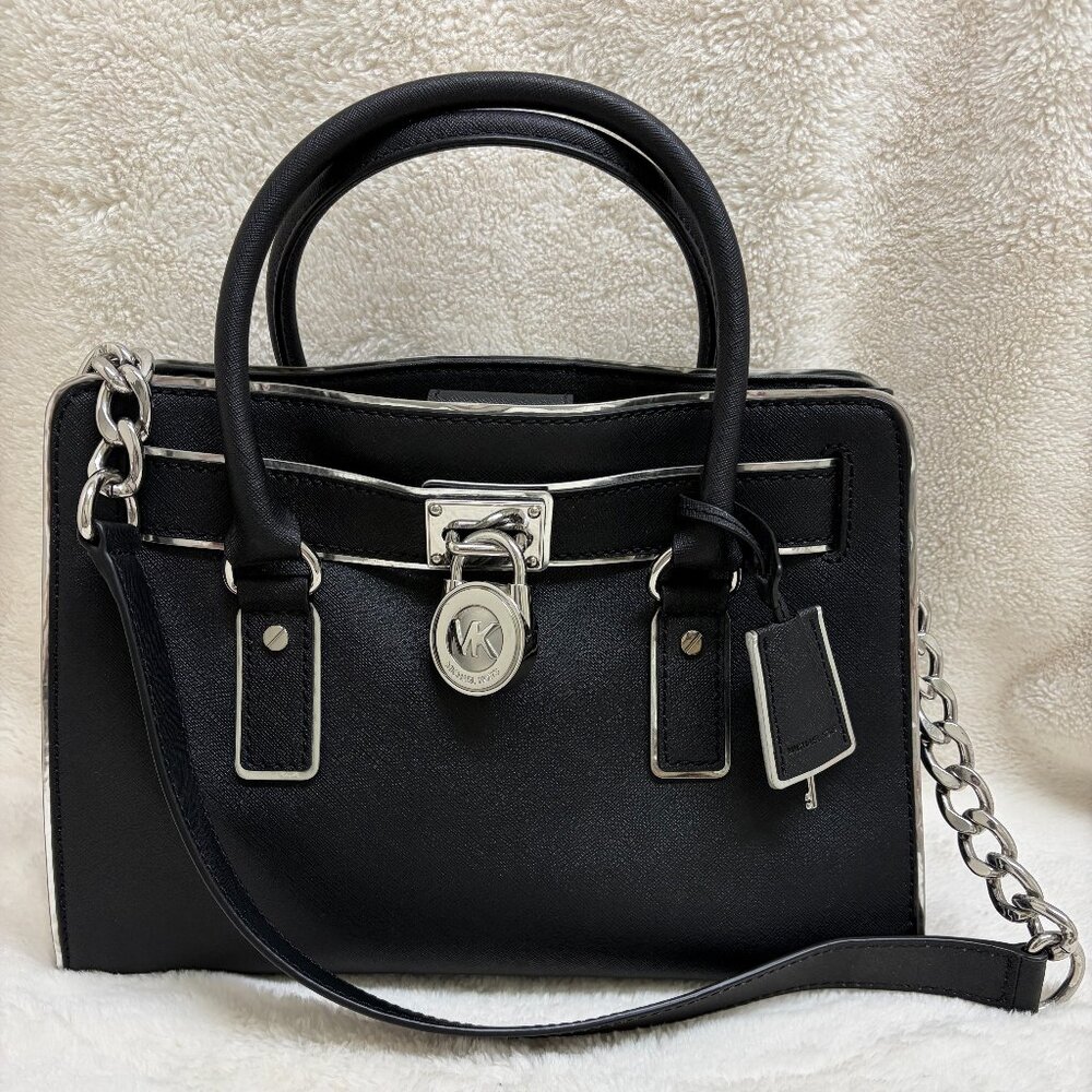 Timeless Michael Kors Hamilton Black w/Silver Trim Saffiano Leather Tote
